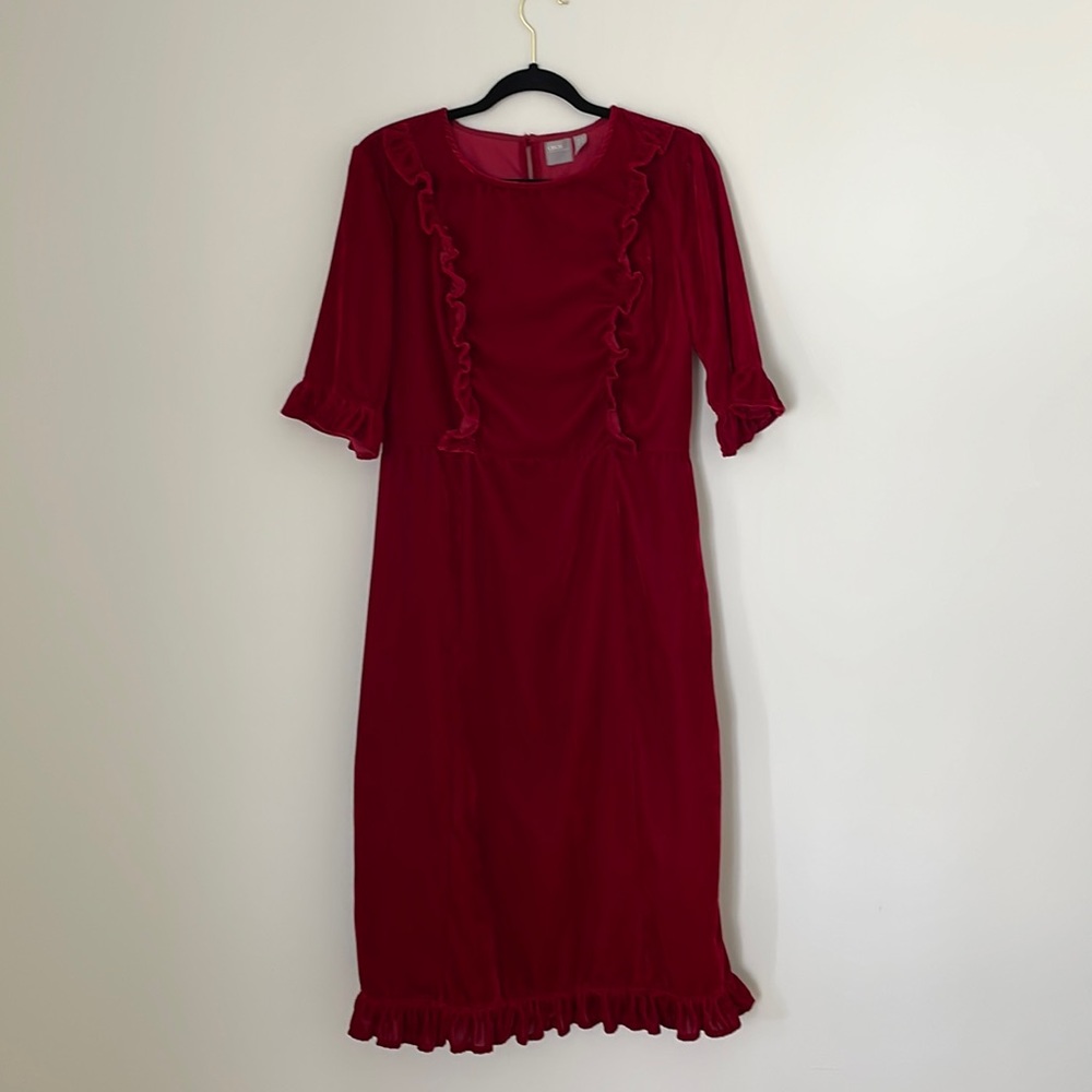 Incredible red velvet frilly tea dress.